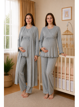 Effortt 4044 Gri Gizli Emzirme Özellikli Sabahlıklı Lohusa Pijama Takımı